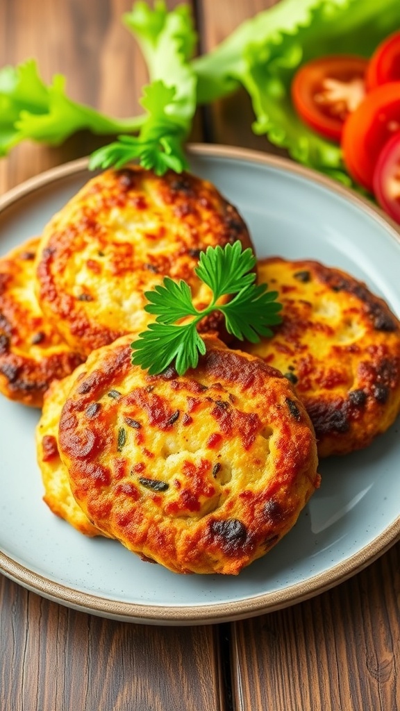 Crispy Air Fryer Chicken Patties Recipe Crispy air fryer chicken patties on a plate with parsley, lettuce, and tomato.